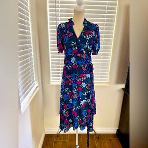 Draper James Blue and Red Puff Sleeve Asymmetrical Sundress